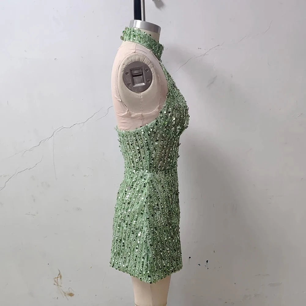 New Women's Sleeveless Halter Backless Cut out Skirt Sexy Sequin Design Dress Mini Evening Dress High Fashion Luxury Dress