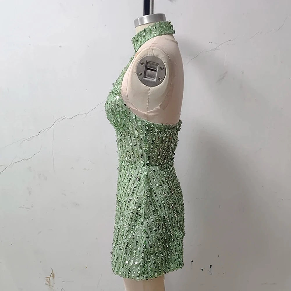 New Women's Sleeveless Halter Backless Cut out Skirt Sexy Sequin Design Dress Mini Evening Dress High Fashion Luxury Dress