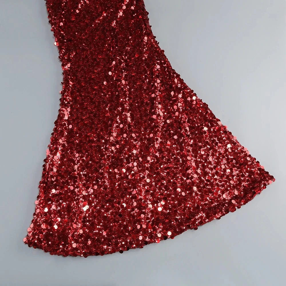 New Women's Splicing Sequins Red Swing Collar Halter Sleeveless Dress Sexy Luxury Shiny Floor-Length Dress Fashion Banquet