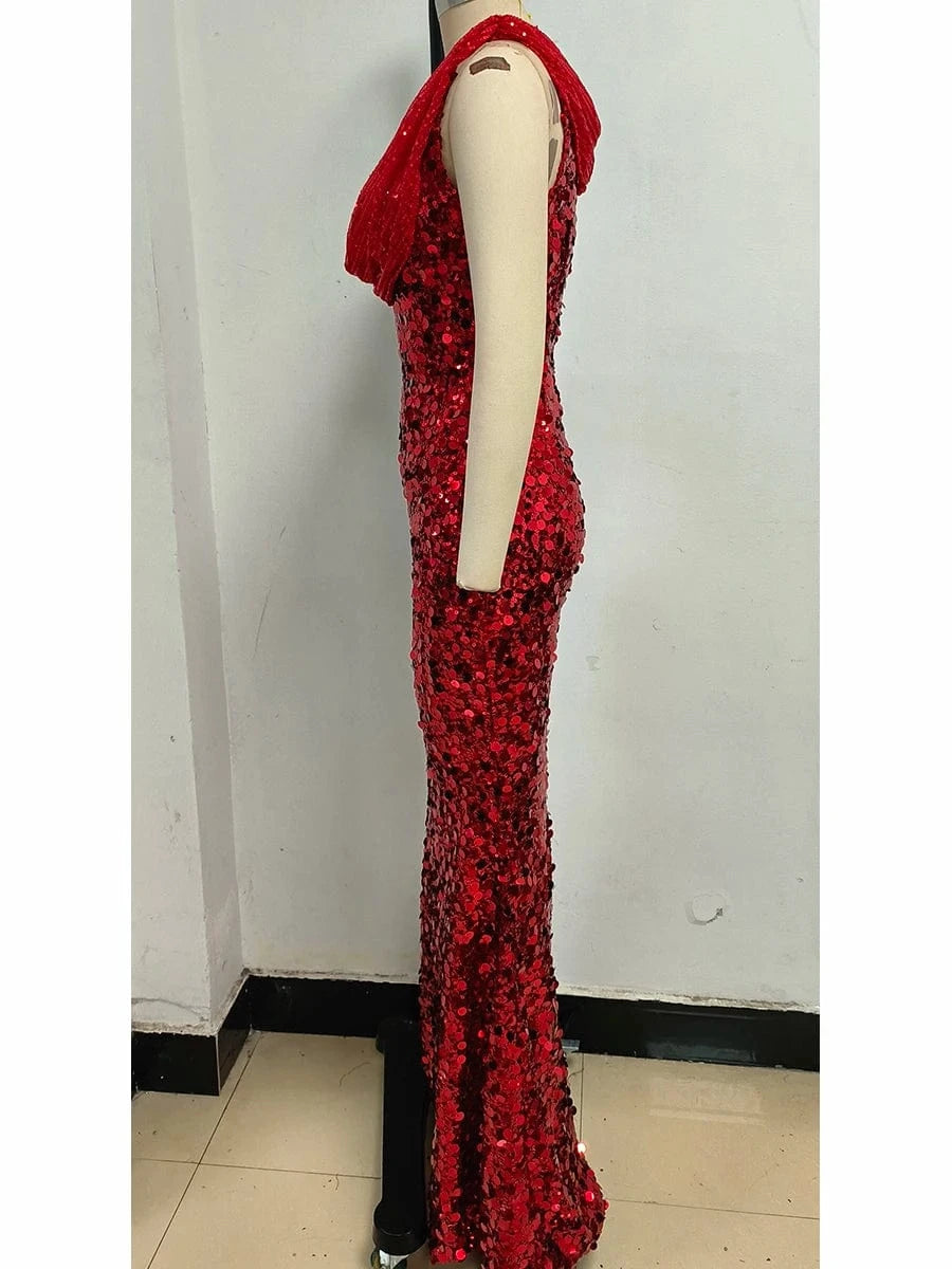 New Women's Splicing Sequins Red Swing Collar Halter Sleeveless Dress Sexy Luxury Shiny Floor-Length Dress Fashion Banquet