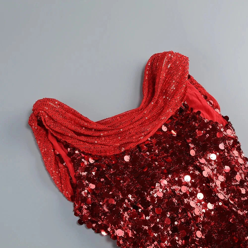 New Women's Splicing Sequins Red Swing Collar Halter Sleeveless Dress Sexy Luxury Shiny Floor-Length Dress Fashion Banquet