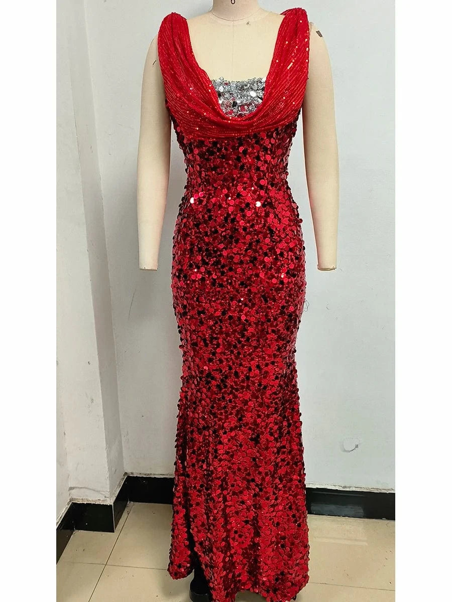 New Women's Splicing Sequins Red Swing Collar Halter Sleeveless Dress Sexy Luxury Shiny Floor-Length Dress Fashion Banquet