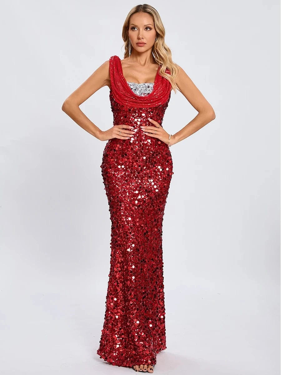 New Women's Splicing Sequins Red Swing Collar Halter Sleeveless Dress Sexy Luxury Shiny Floor-Length Dress Fashion Banquet
