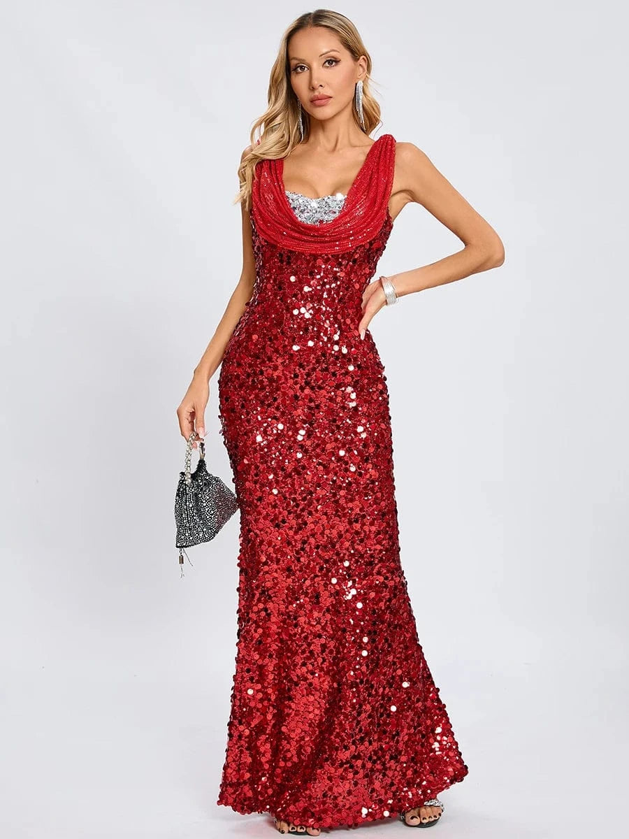 New Women's Splicing Sequins Red Swing Collar Halter Sleeveless Dress Sexy Luxury Shiny Floor-Length Dress Fashion Banquet
