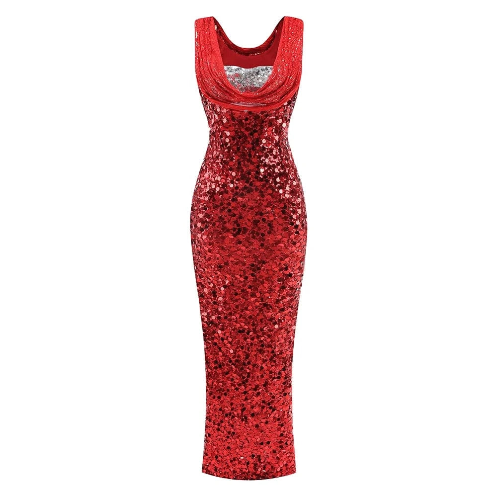 New Women's Splicing Sequins Red Swing Collar Halter Sleeveless Dress Sexy Luxury Shiny Floor-Length Dress Fashion Banquet