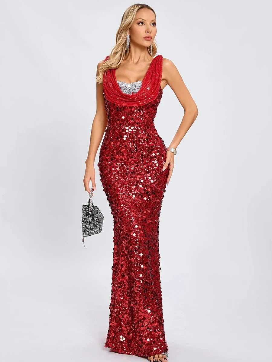 New Women's Splicing Sequins Red Swing Collar Halter Sleeveless Dress Sexy Luxury Shiny Floor-Length Dress Fashion Banquet
