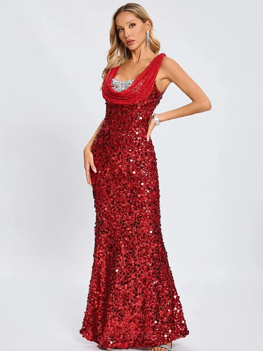 New Women's Splicing Sequins Red Swing Collar Halter Sleeveless Dress Sexy Luxury Shiny Floor-Length Dress Fashion Banquet