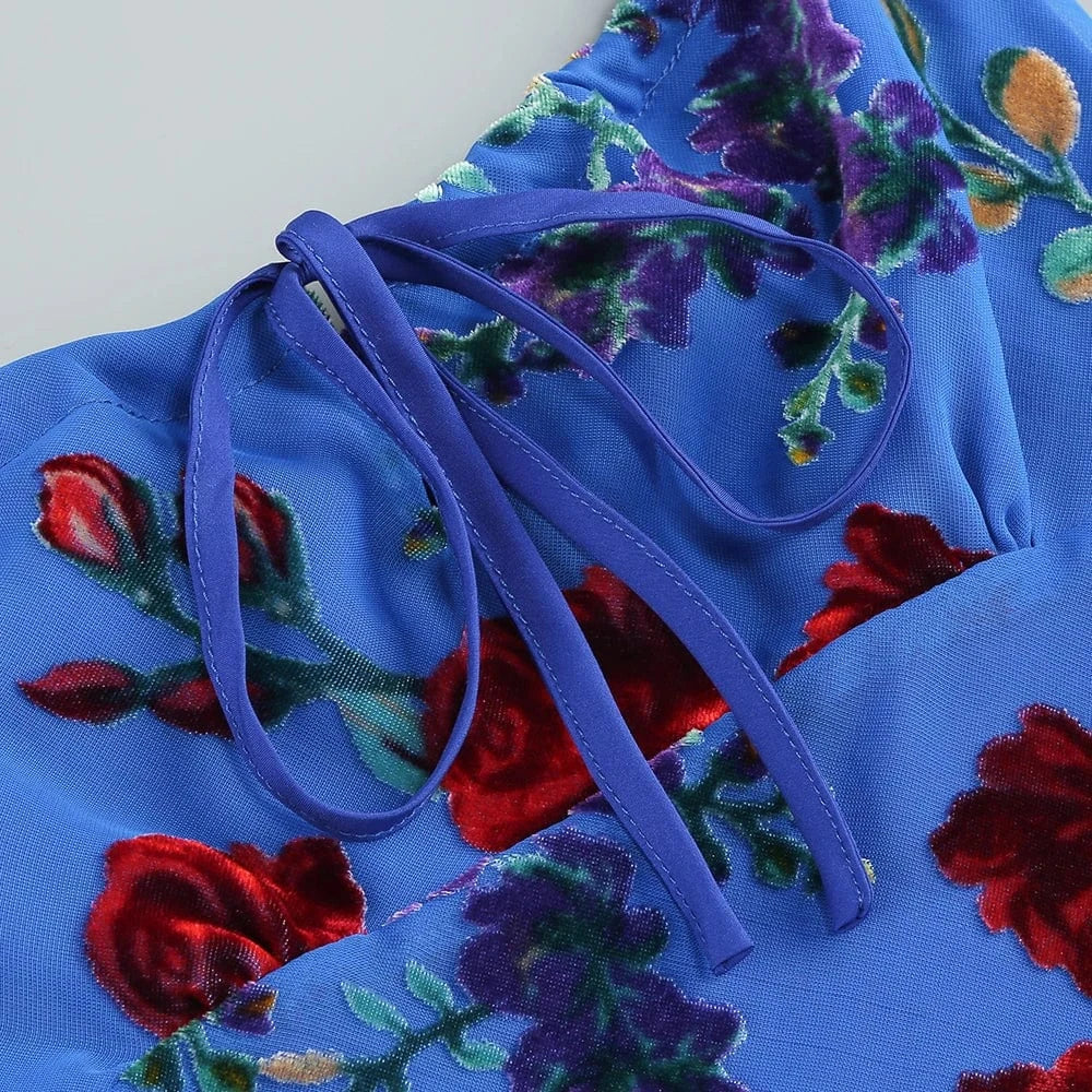 New Women's Velvet Print Hottie Hollow Out Backless Look Slimmer Halter Dress With Big Swing Slit Slim Calf Length Dress