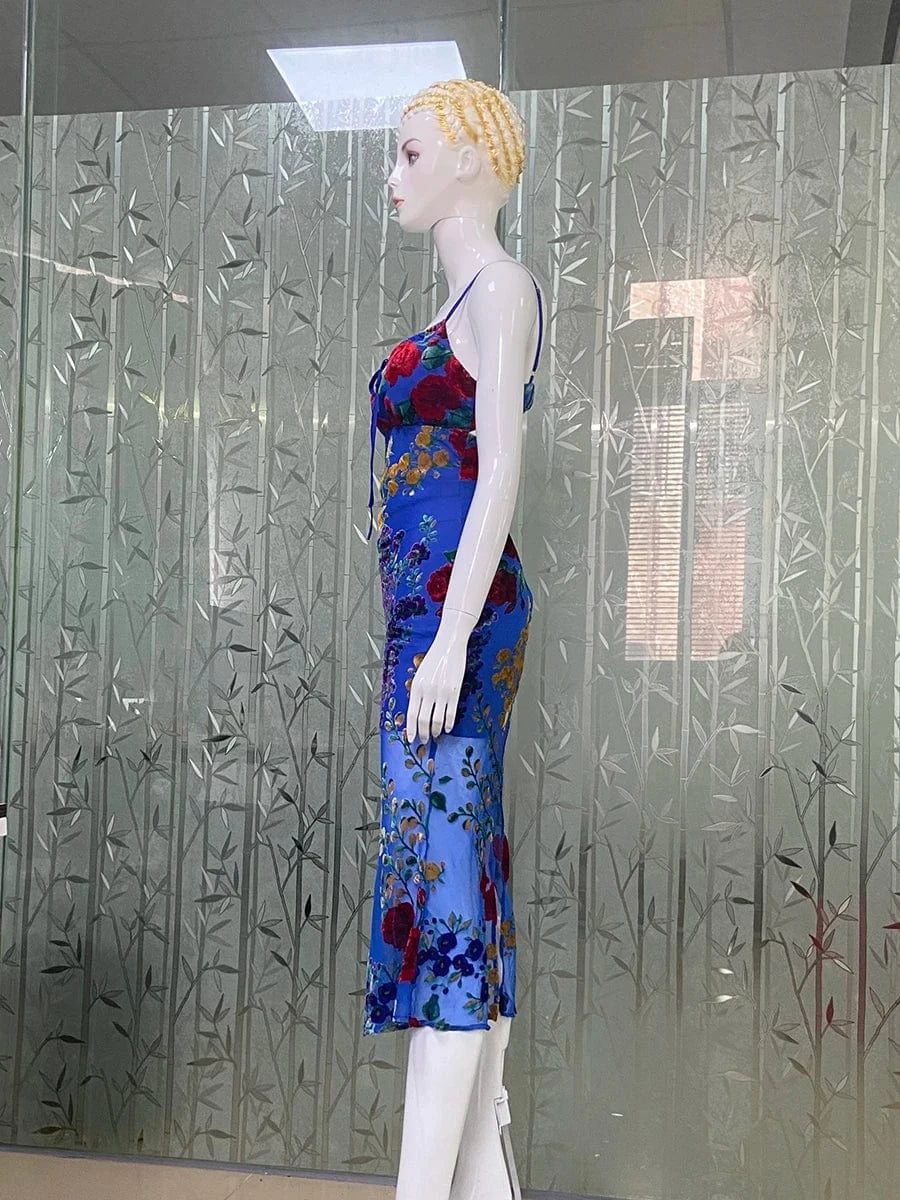 New Women's Velvet Print Hottie Hollow Out Backless Look Slimmer Halter Dress With Big Swing Slit Slim Calf Length Dress