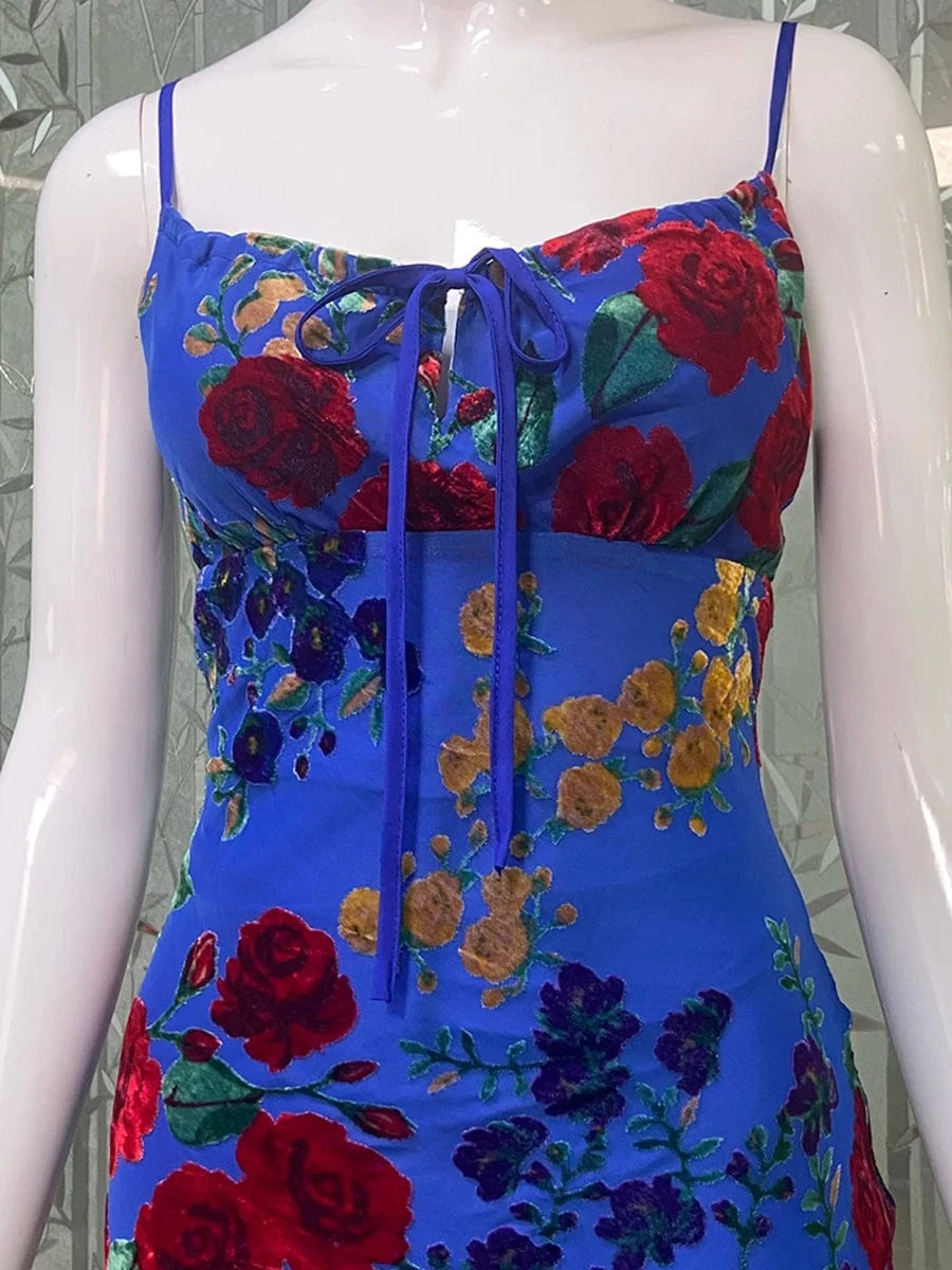 New Women's Velvet Print Hottie Hollow Out Backless Look Slimmer Halter Dress With Big Swing Slit Slim Calf Length Dress