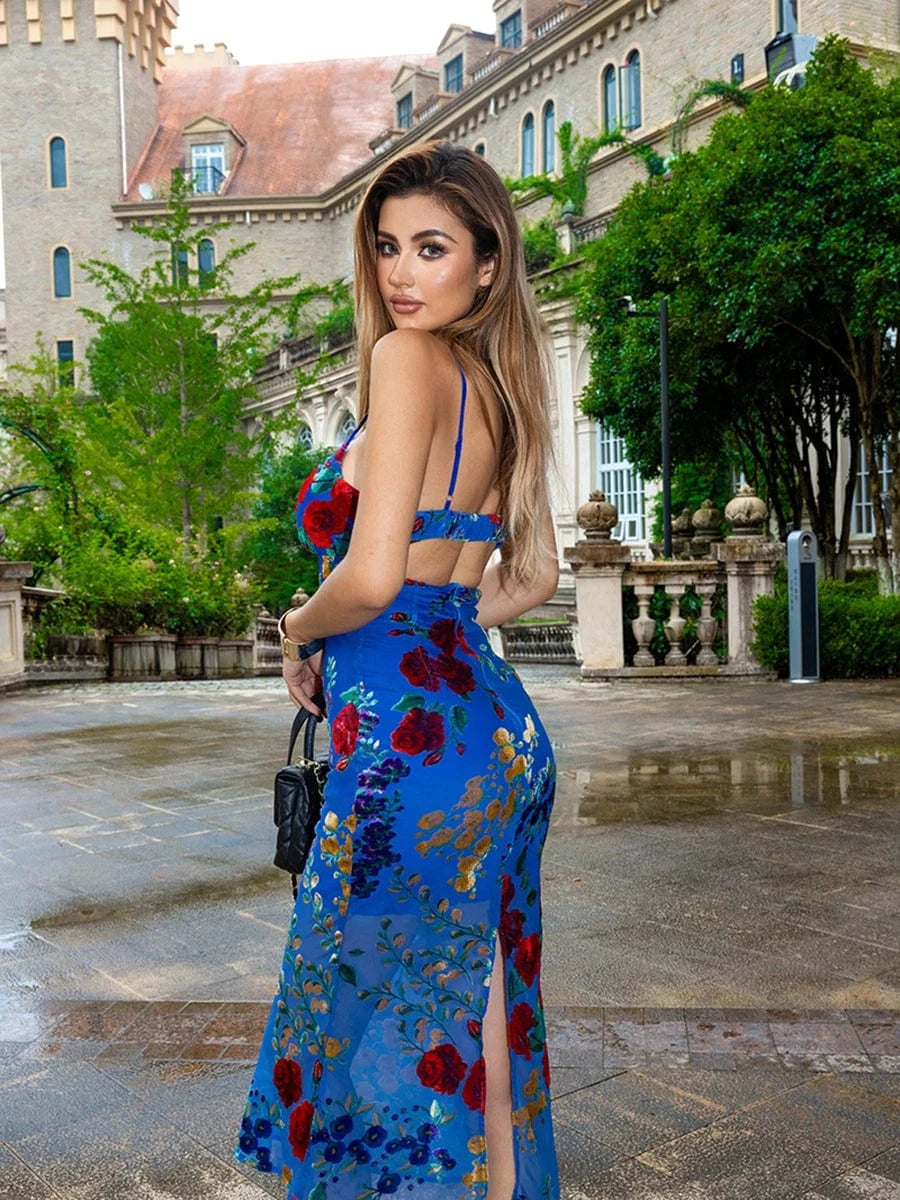 New Women's Velvet Print Hottie Hollow Out Backless Look Slimmer Halter Dress With Big Swing Slit Slim Calf Length Dress
