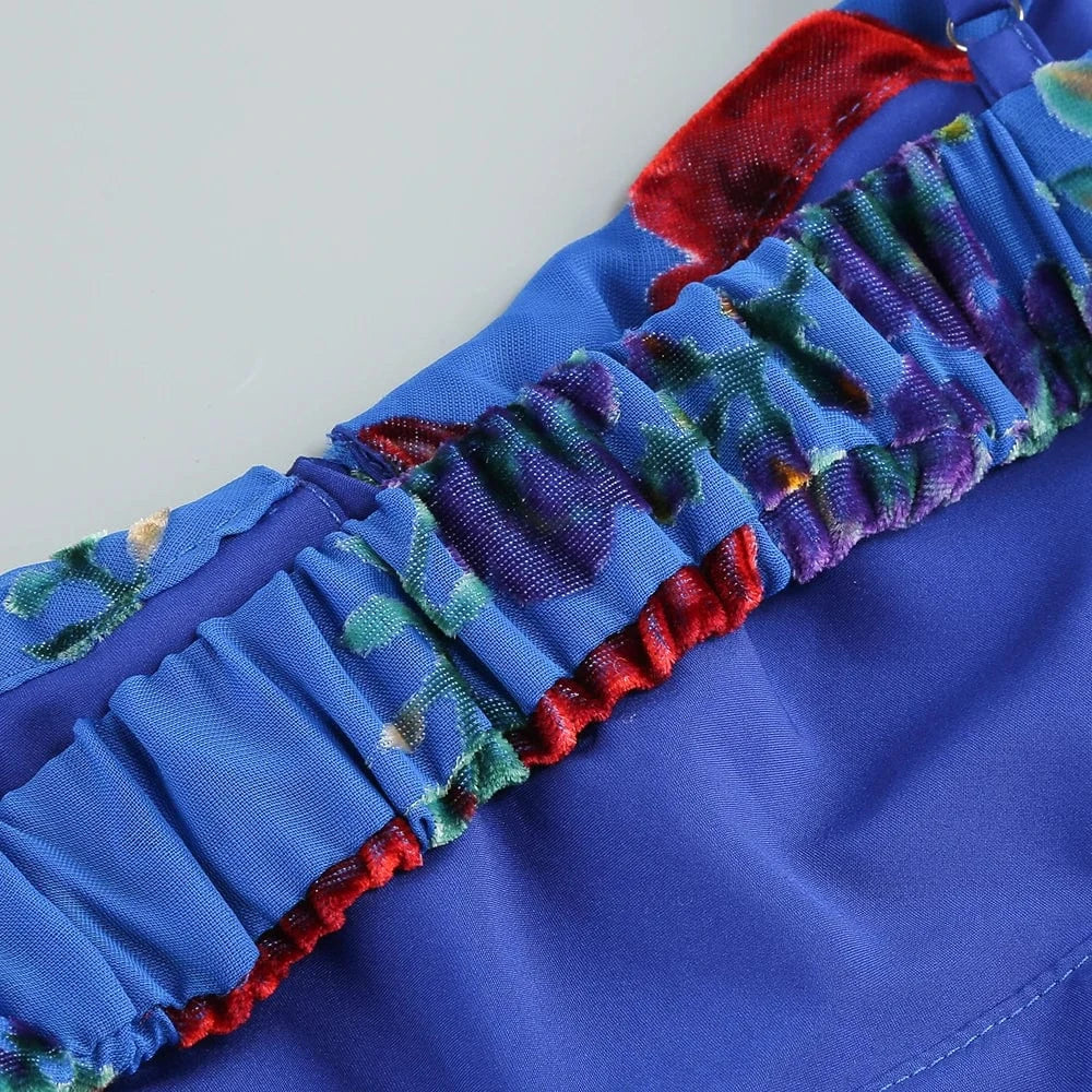 New Women's Velvet Print Hottie Hollow Out Backless Look Slimmer Halter Dress With Big Swing Slit Slim Calf Length Dress