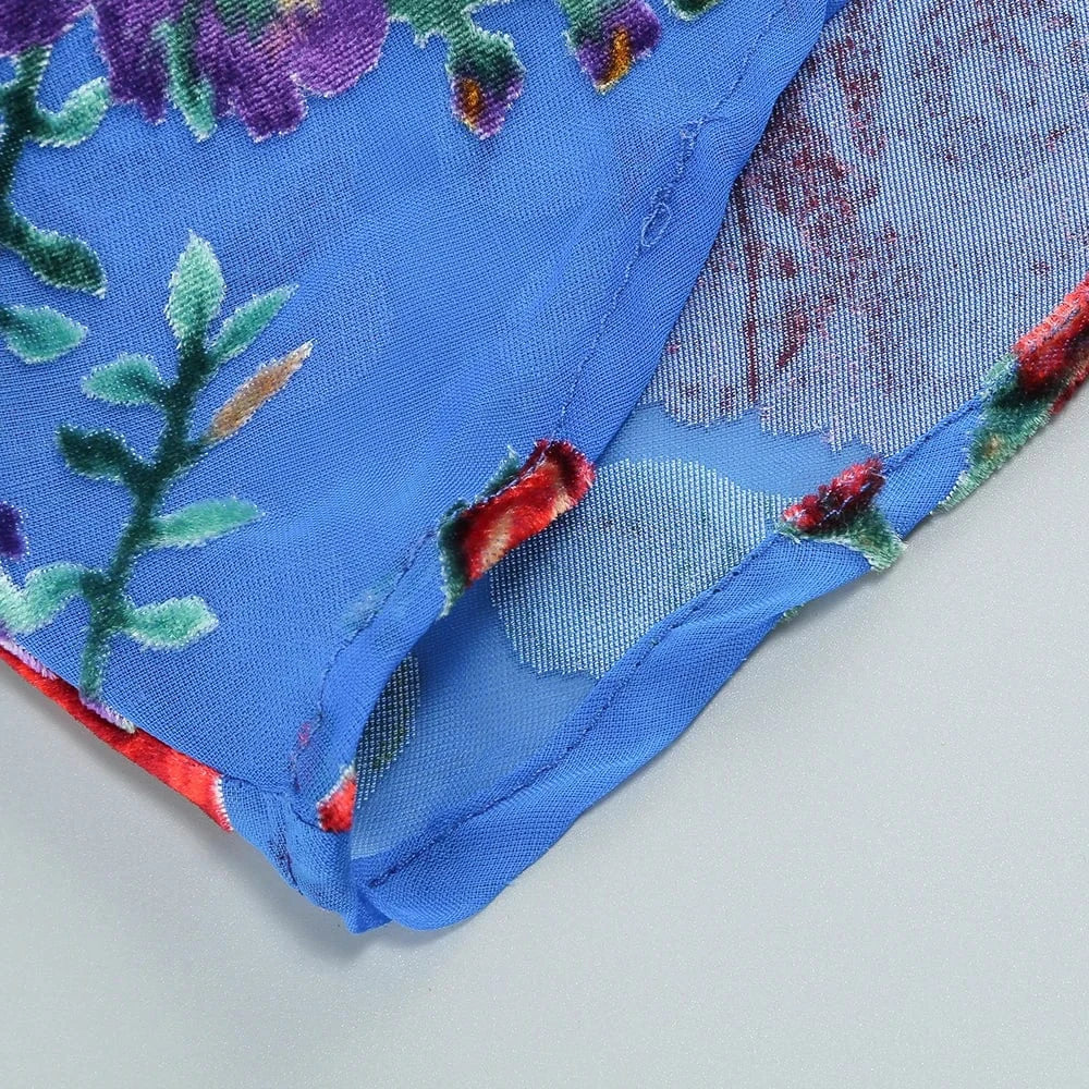 New Women's Velvet Print Hottie Hollow Out Backless Look Slimmer Halter Dress With Big Swing Slit Slim Calf Length Dress