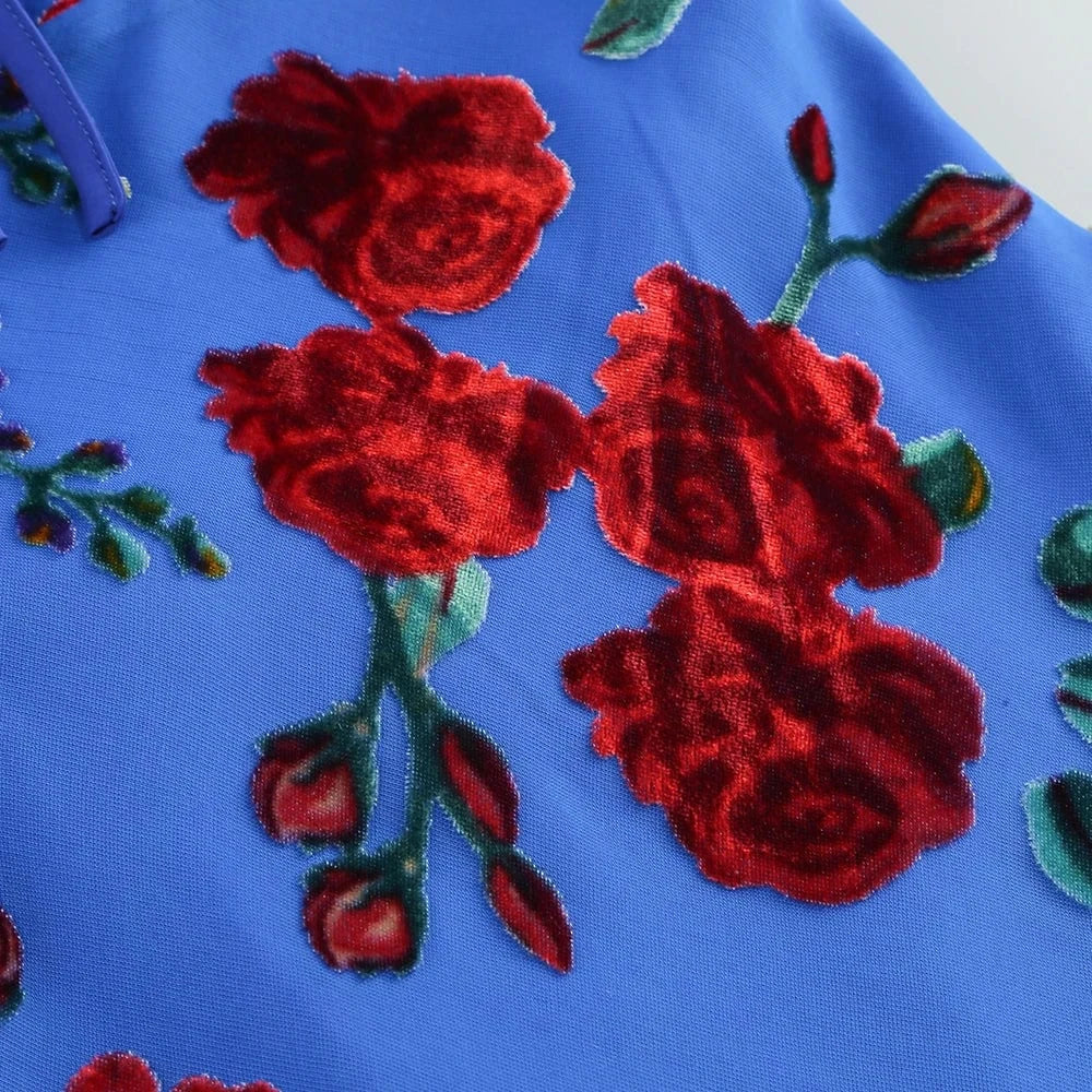 New Women's Velvet Print Hottie Hollow Out Backless Look Slimmer Halter Dress With Big Swing Slit Slim Calf Length Dress