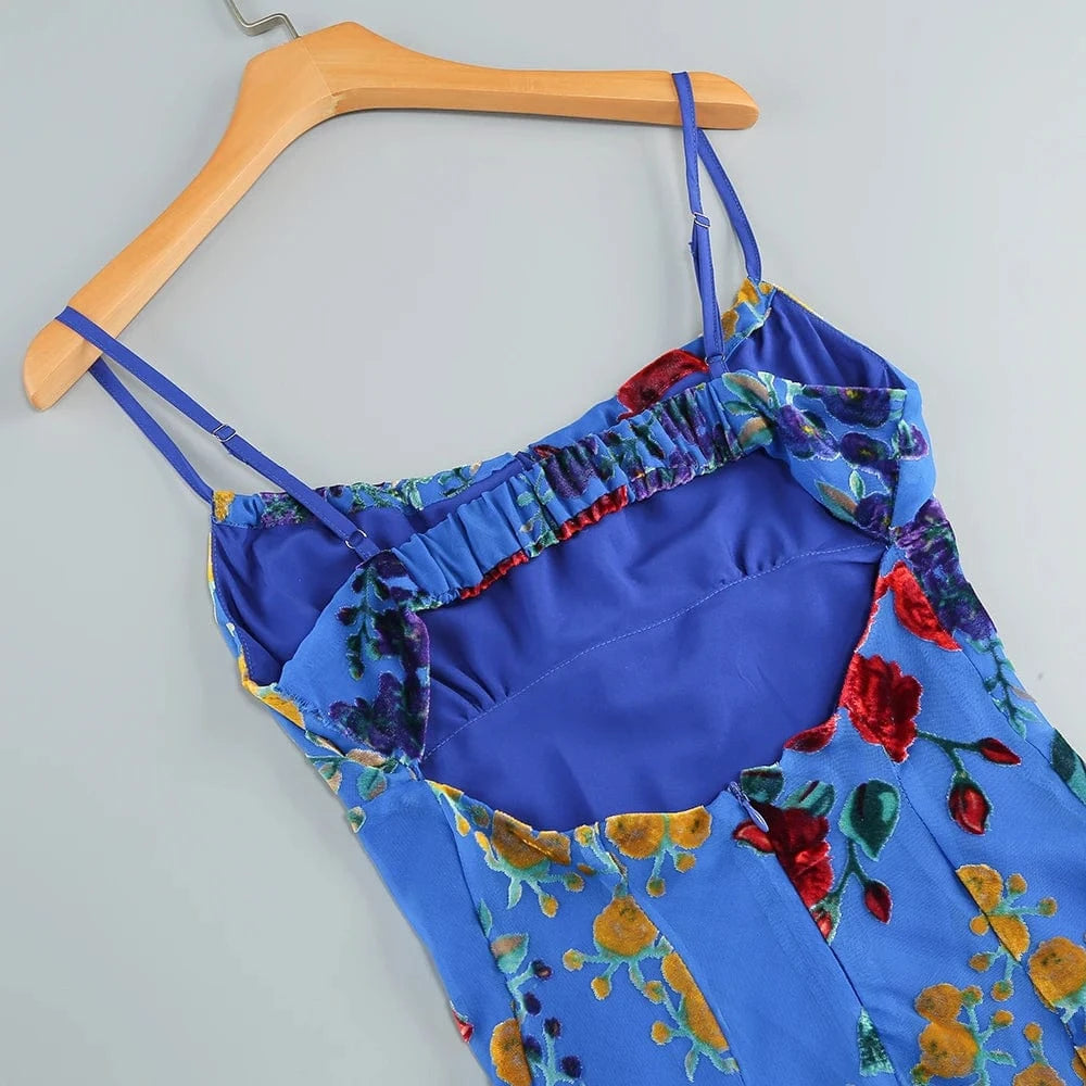 New Women's Velvet Print Hottie Hollow Out Backless Look Slimmer Halter Dress With Big Swing Slit Slim Calf Length Dress