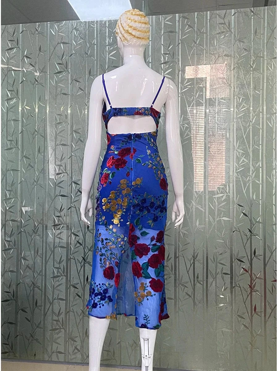 New Women's Velvet Print Hottie Hollow Out Backless Look Slimmer Halter Dress With Big Swing Slit Slim Calf Length Dress