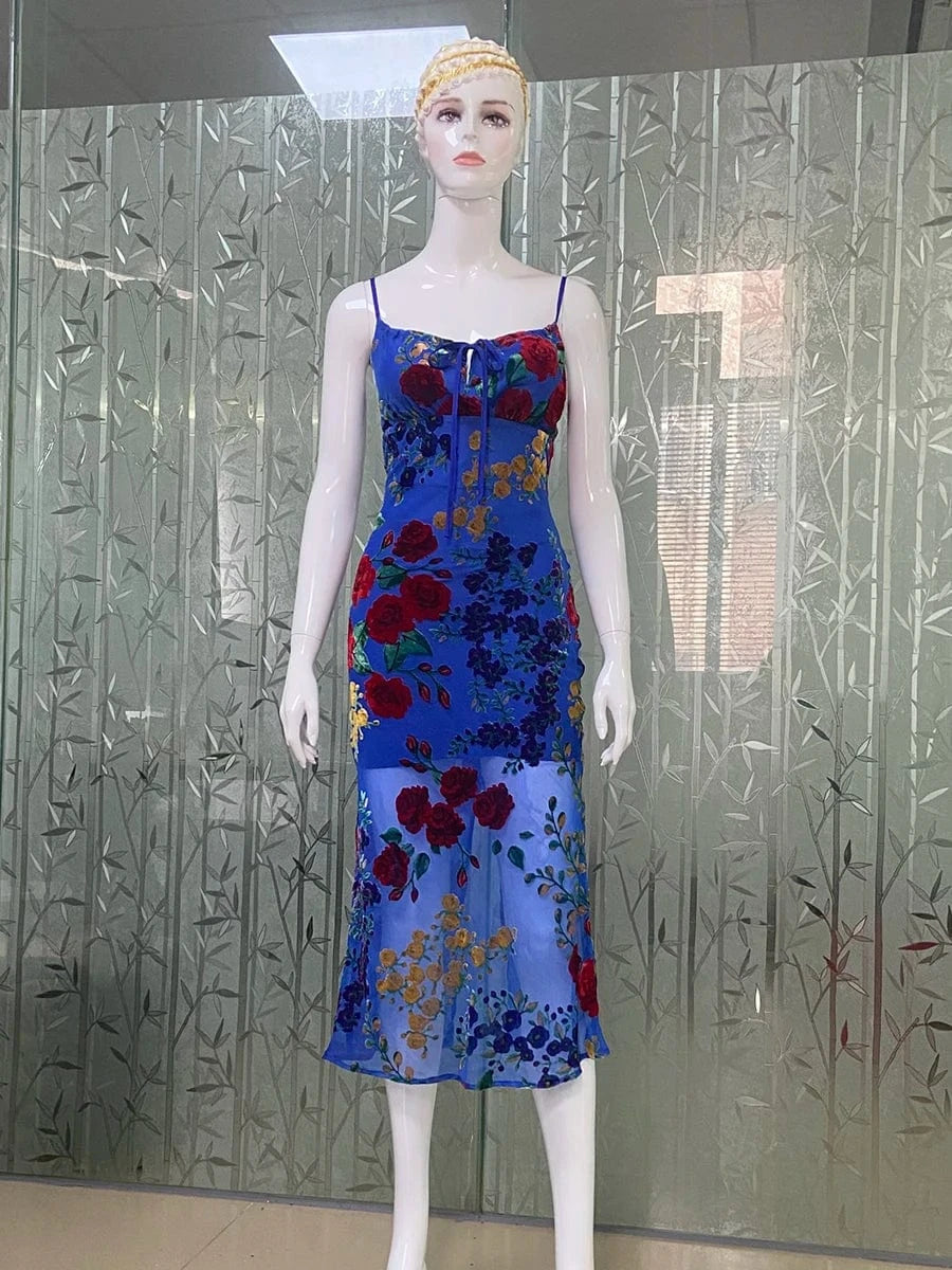 New Women's Velvet Print Hottie Hollow Out Backless Look Slimmer Halter Dress With Big Swing Slit Slim Calf Length Dress