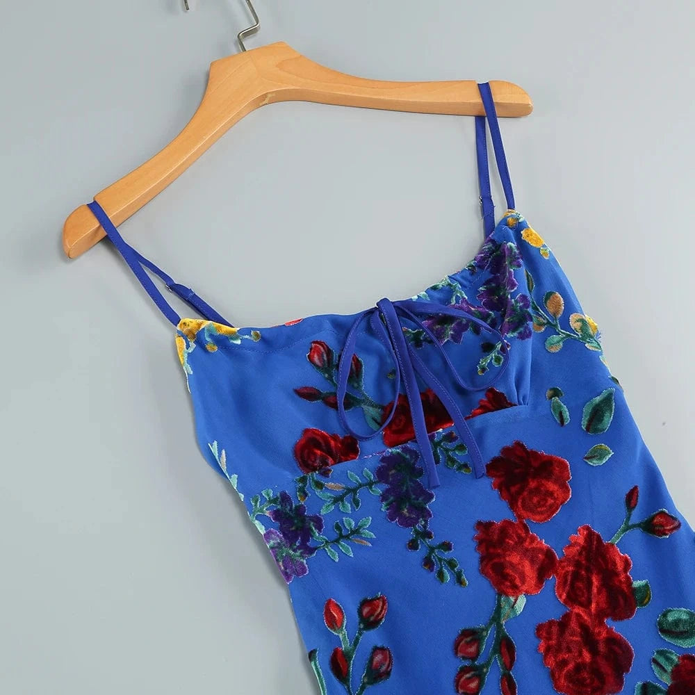 New Women's Velvet Print Hottie Hollow Out Backless Look Slimmer Halter Dress With Big Swing Slit Slim Calf Length Dress