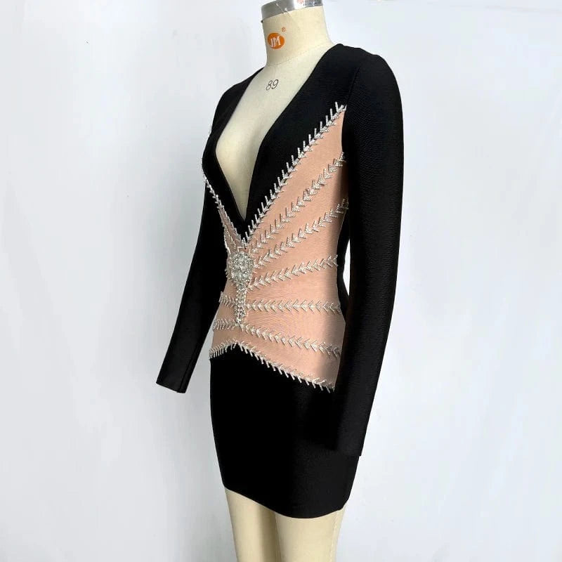 New  Women Sexy Long Sleeve Square Beading Elegant Sexy Celebrity Club Party Dress