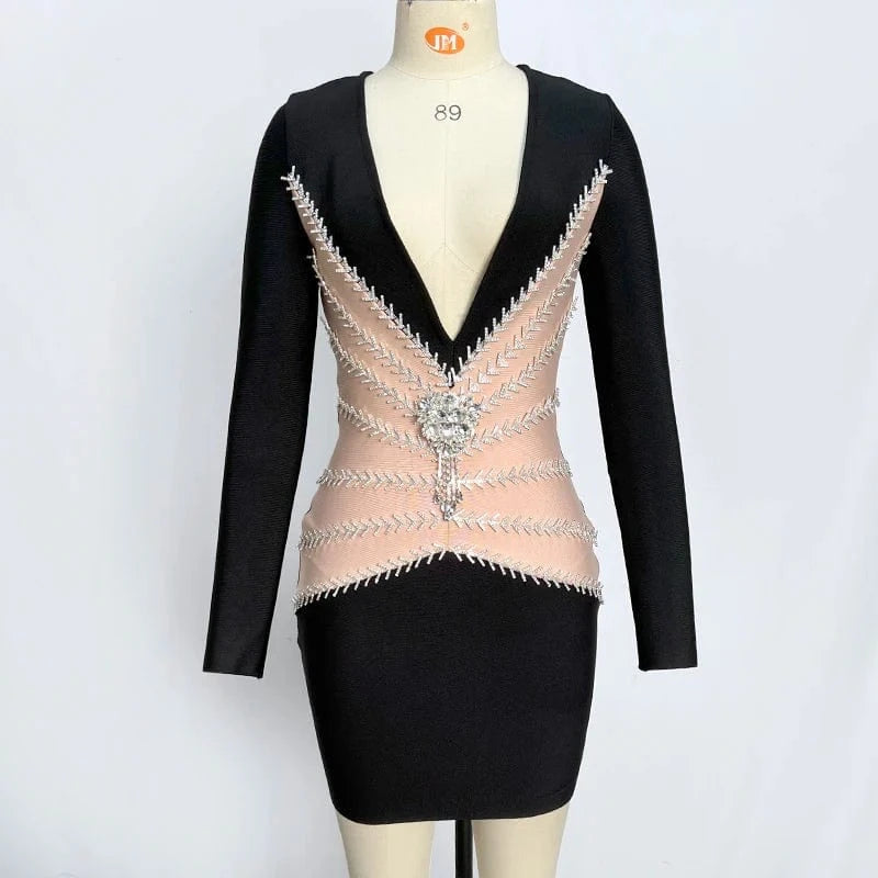 New  Women Sexy Long Sleeve Square Beading Elegant Sexy Celebrity Club Party Dress