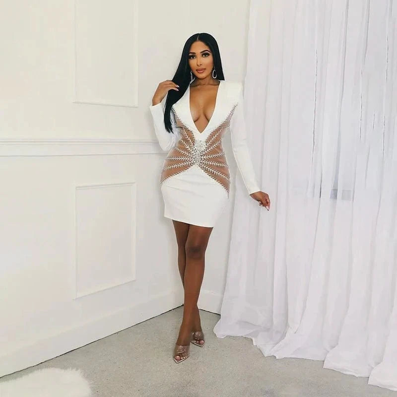 New  Women Sexy Long Sleeve Square Beading Elegant Sexy Celebrity Club Party Dress