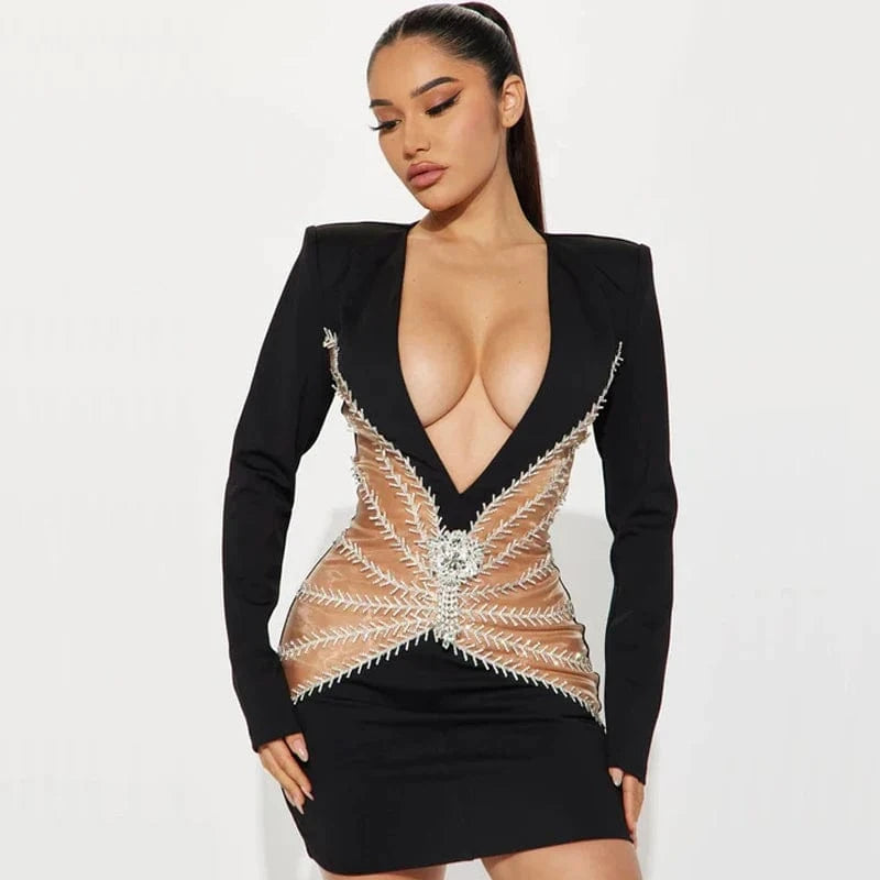 New  Women Sexy Long Sleeve Square Beading Elegant Sexy Celebrity Club Party Dress
