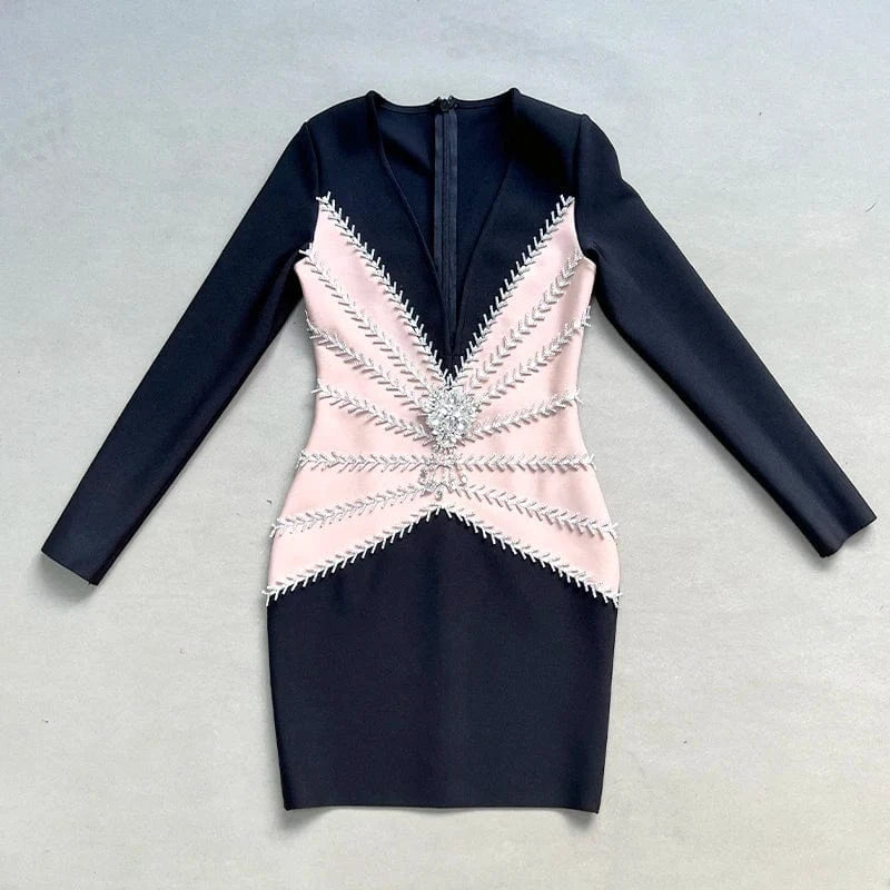 New  Women Sexy Long Sleeve Square Beading Elegant Sexy Celebrity Club Party Dress