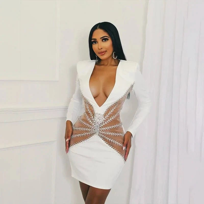 New  Women Sexy Long Sleeve Square Beading Elegant Sexy Celebrity Club Party Dress