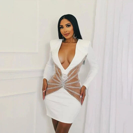 New  Women Sexy Long Sleeve Square Beading Elegant Sexy Celebrity Club Party Dress