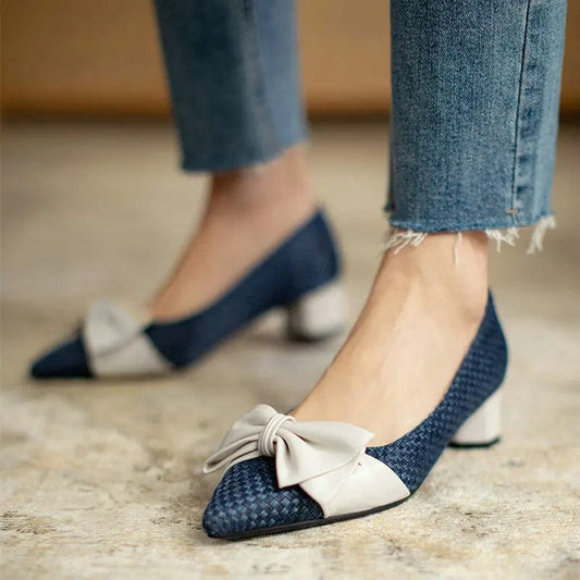 New Women Shallow Weaved Block Heels Pointed-toe Bowknot Female Sandals Size 32-48