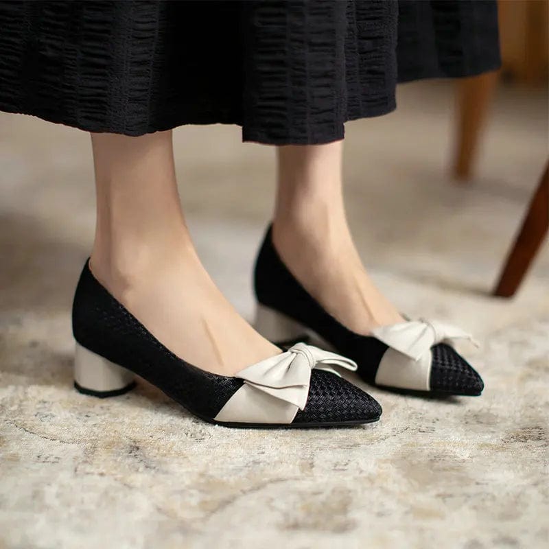 New Women Shallow Weaved Block Heels Pointed-toe Bowknot Female Sandals Size 32-48