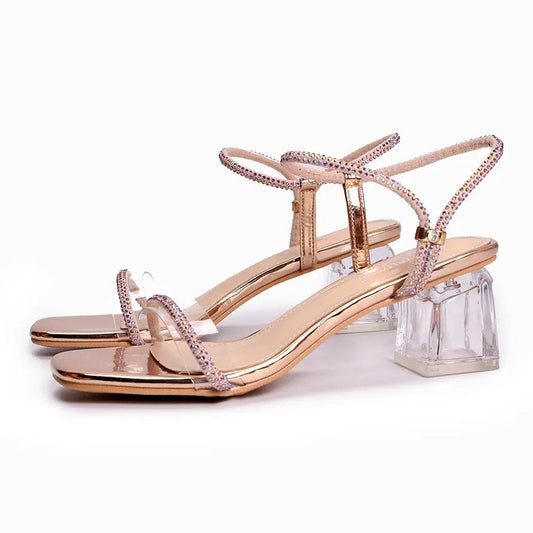 New Women Shoes 2023 Sexy Rhinestone Round Toe Mujer Sandals T-strap Transparent Crysal Chunky Heels Sandals Ladies Dating Shoes