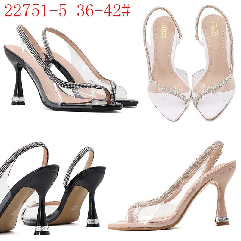 New Women Shoes Hot Sale Rhinestone Decor PVC Pointed-toe Shoes Side Hollow Out Slingback High Heel Sandals Ladies Dating Sandal