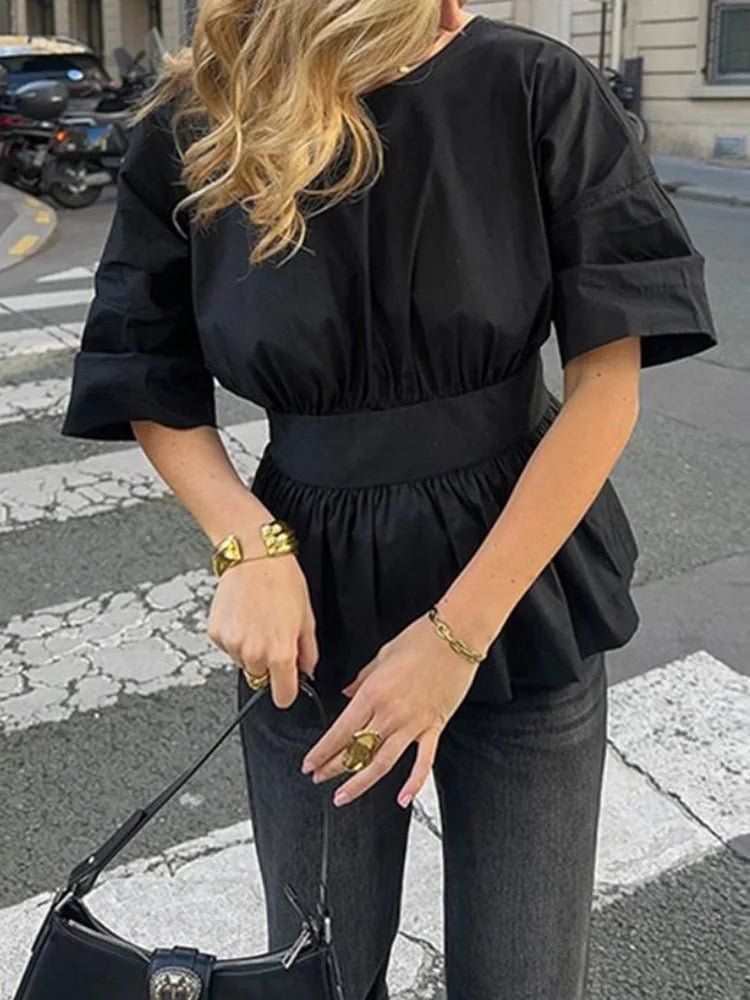 New Women Solid Lacing Up Patchwork O Neck Top Blouses Summer Half Sleeve Ladies Sexy Backless Shirts Streetwear Casual Blusas - SN Wigs & More