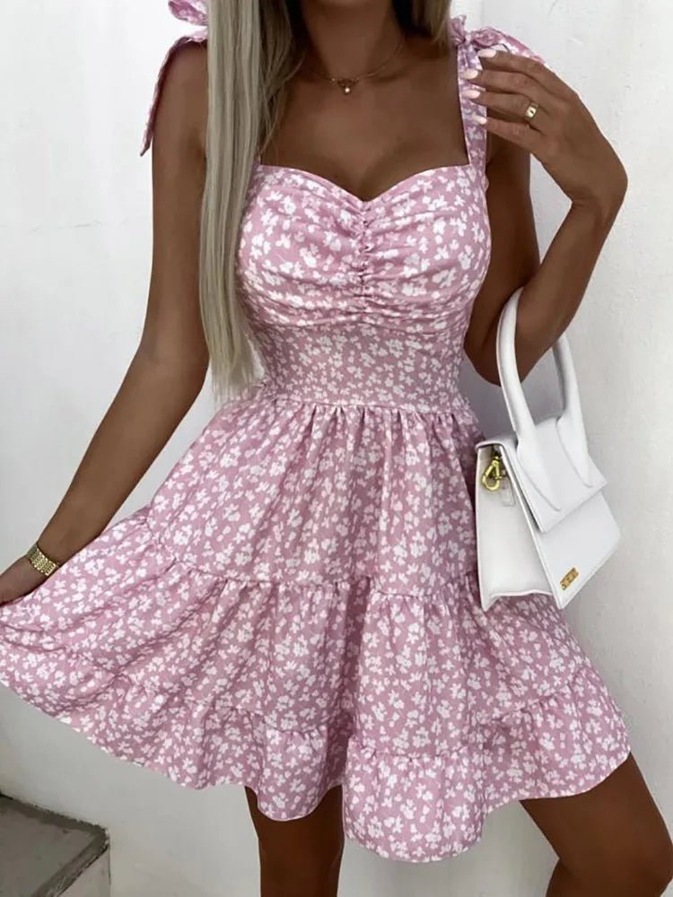 New Women Sweet Backless Split Dress Short Flare Sleeve Beach Style Printing Ladies Dress V - Neck Summer Streetwear Dropshipping - SN Wigs & More