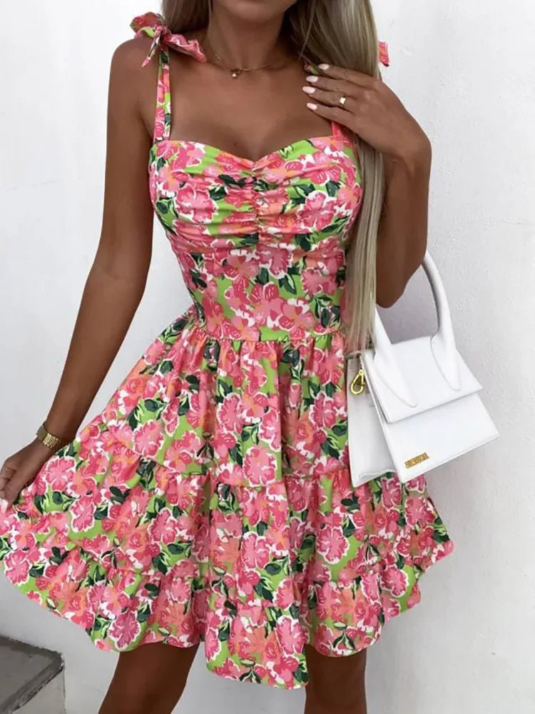 New Women Sweet Backless Split Dress Short Flare Sleeve Beach Style Printing Ladies Dress V - Neck Summer Streetwear Dropshipping - SN Wigs & More