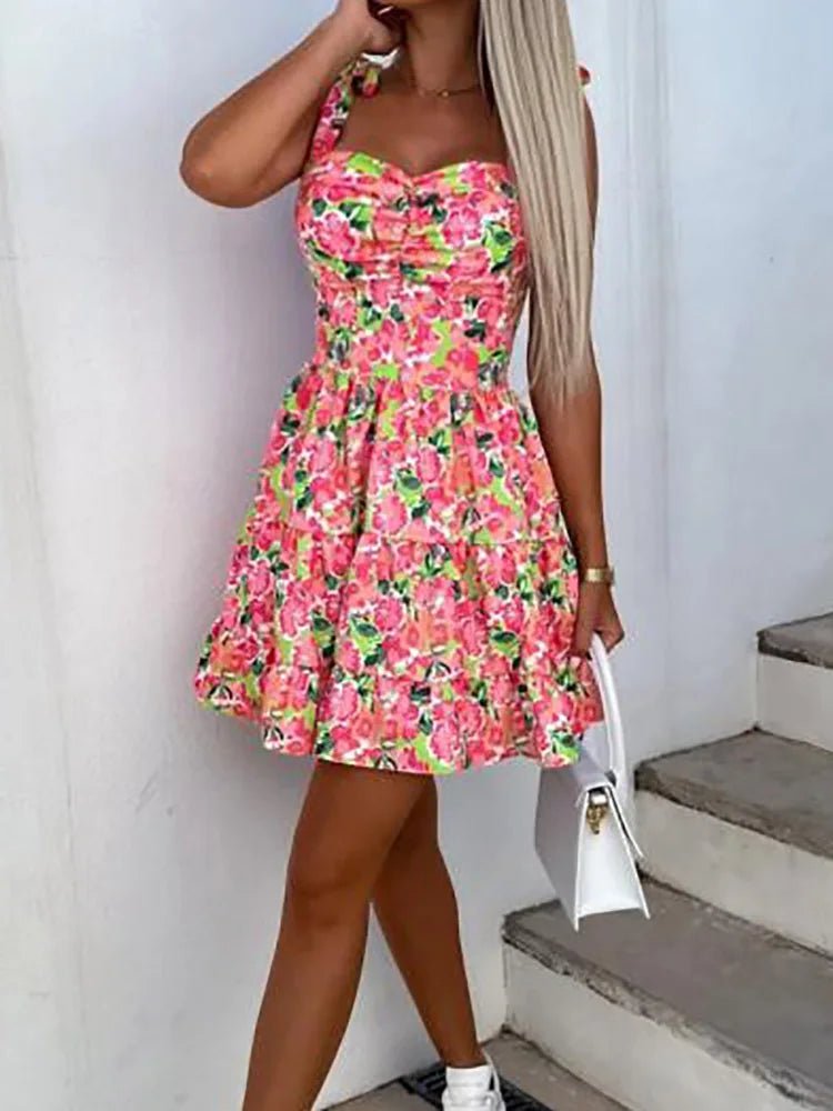 New Women Sweet Backless Split Dress Short Flare Sleeve Beach Style Printing Ladies Dress V - Neck Summer Streetwear Dropshipping - SN Wigs & More