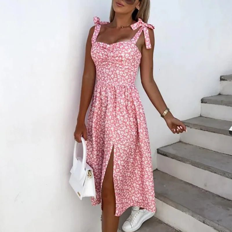 New Women Sweet Backless Split Dress Short Flare Sleeve Beach Style Printing Ladies Dress V - Neck Summer Streetwear Dropshipping - SN Wigs & More