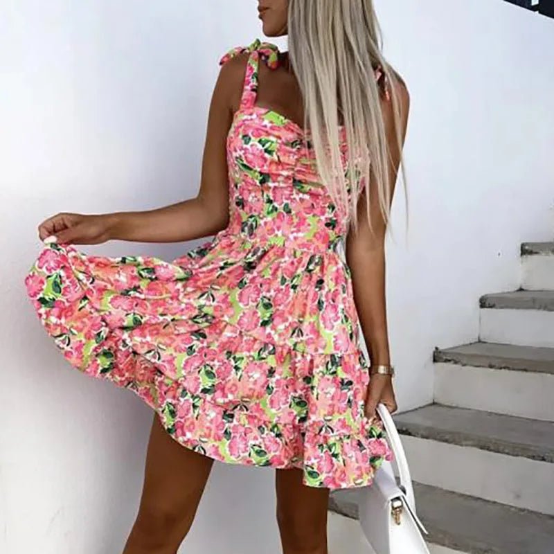 New Women Sweet Backless Split Dress Short Flare Sleeve Beach Style Printing Ladies Dress V - Neck Summer Streetwear Dropshipping - SN Wigs & More