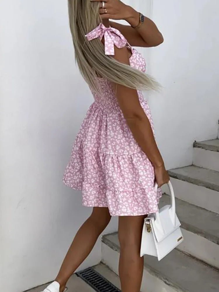 New Women Sweet Backless Split Dress Short Flare Sleeve Beach Style Printing Ladies Dress V - Neck Summer Streetwear Dropshipping - SN Wigs & More