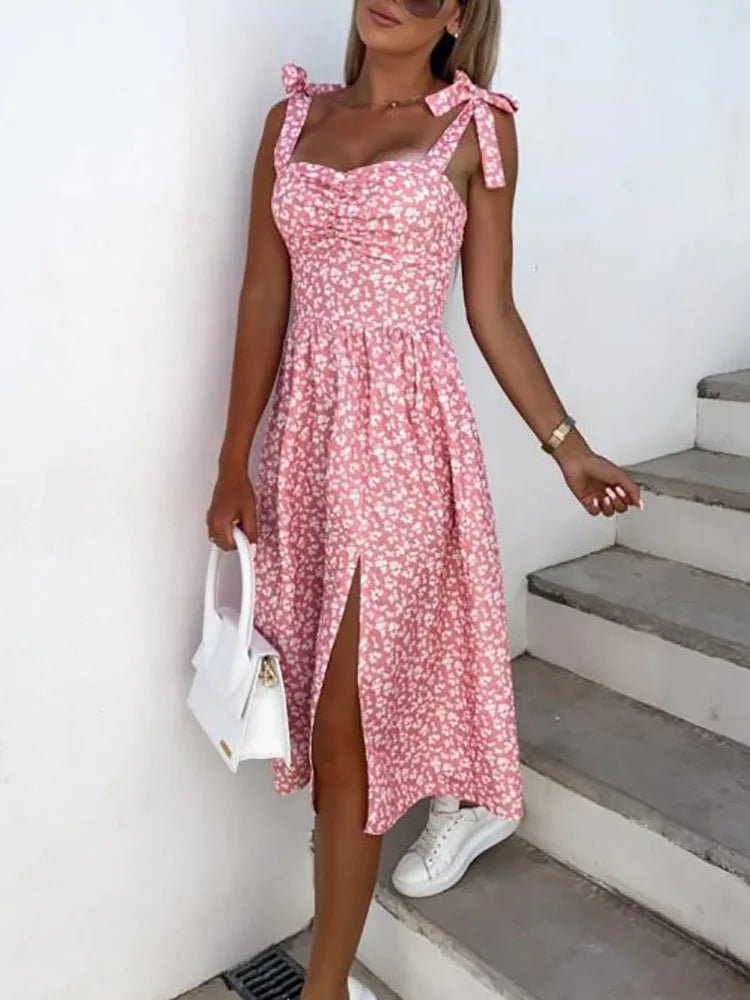 New Women Sweet Backless Split Dress Short Flare Sleeve Beach Style Printing Ladies Dress V - Neck Summer Streetwear Dropshipping - SN Wigs & More