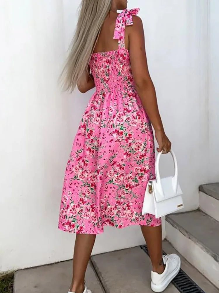 New Women Sweet Backless Split Dress Short Flare Sleeve Beach Style Printing Ladies Dress V - Neck Summer Streetwear Dropshipping - SN Wigs & More