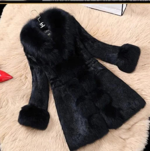 New Year Rabbit Fur Coat Casual Plus Size Winter Outerwear Sheep Fur Collar Windproof Cozy Leather Long Sleeves Wool Lining