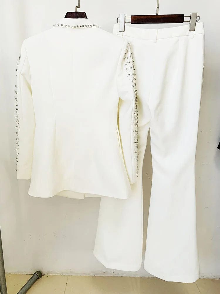 Newest Lady Stylish Rhinestone Lines Office Wear Fine Workmanship Beads Hot Drilling Blazer Flared Pants 2 Pieces Sets Women