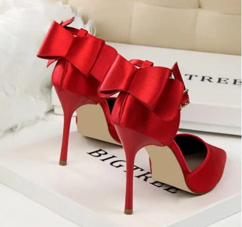Newest Office Women Heel Shoes Satin Bow 10 CM Pointed Stilettos Trendy Designer Buckle Strap Women's Pumps