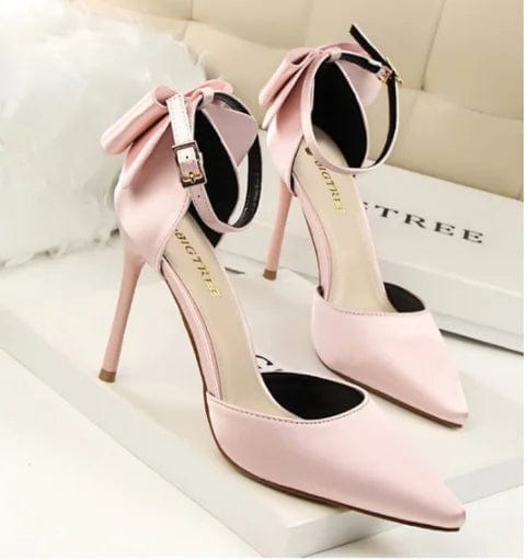 Newest Office Women Heel Shoes Satin Bow 10 CM Pointed Stilettos Trendy Designer Buckle Strap Women's Pumps