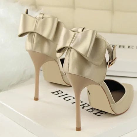 Newest Office Women Heel Shoes Satin Bow 10 CM Pointed Stilettos Trendy Designer Buckle Strap Women's Pumps