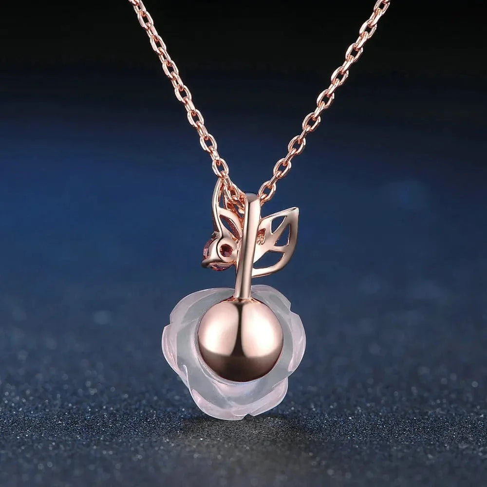 NI025+CI004 Trendy Natural Gemstone Rose Quartz 925 Sterling Silver Jewelry Flower Necklace S925 For Women NI025
