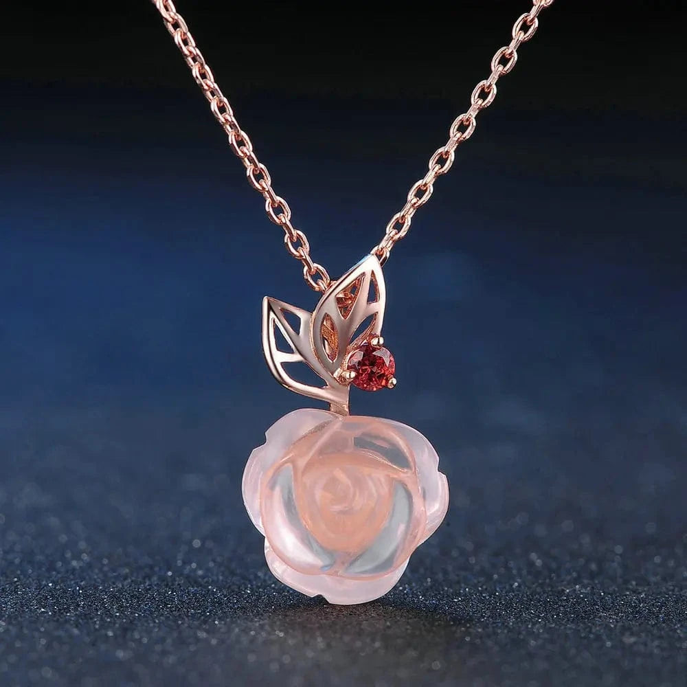 NI025+CI004 Trendy Natural Gemstone Rose Quartz 925 Sterling Silver Jewelry Flower Necklace S925 For Women NI025