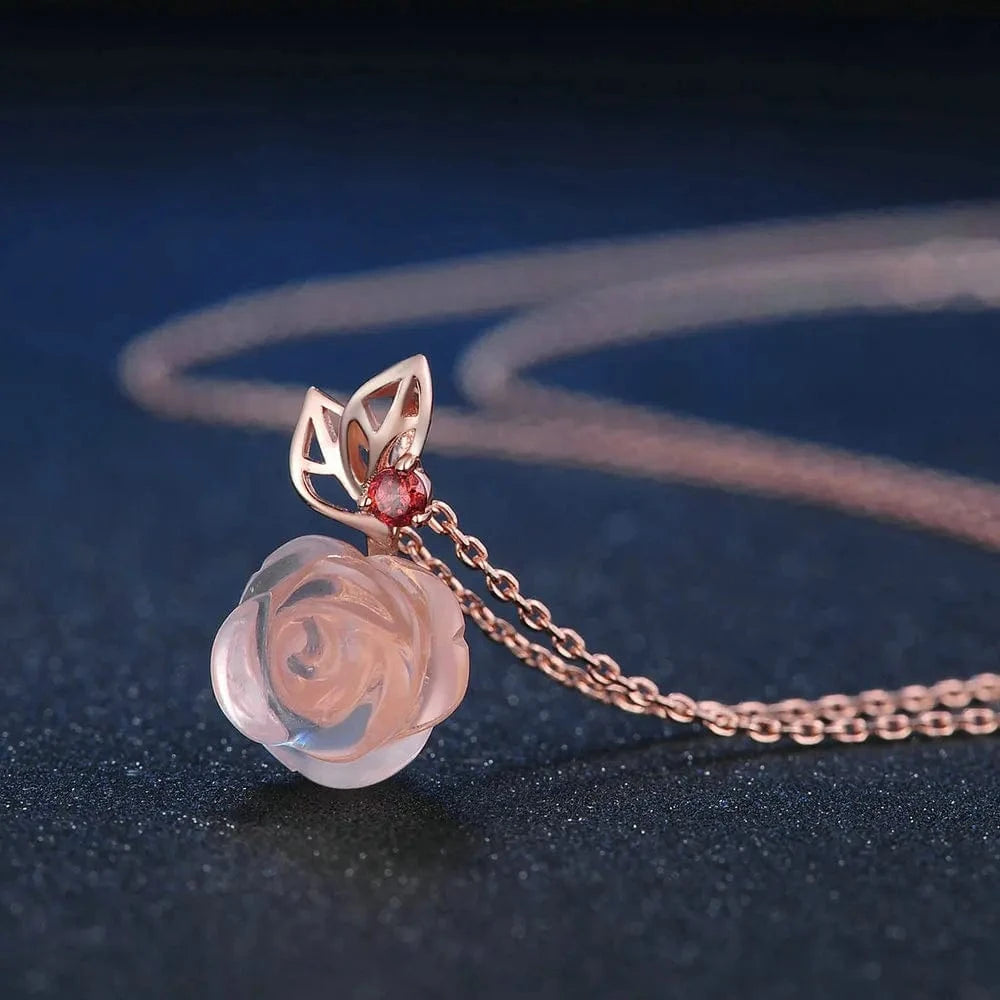 NI025+CI004 Trendy Natural Gemstone Rose Quartz 925 Sterling Silver Jewelry Flower Necklace S925 For Women NI025